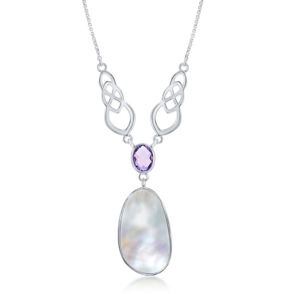 Sterling Silver Mother of Pearl with Oval Amethyst Designed 'Y' Necklace