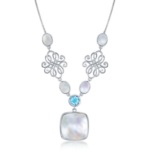 Sterling Silver Oval & Square MOP & Blue Topaz, Designed Necklace