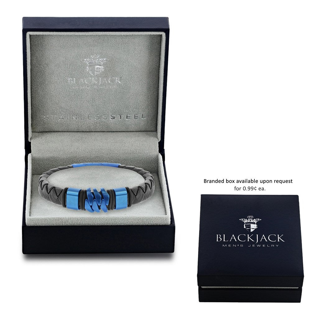 Blue Stainless Steel Genuine Black Leather Bracelet