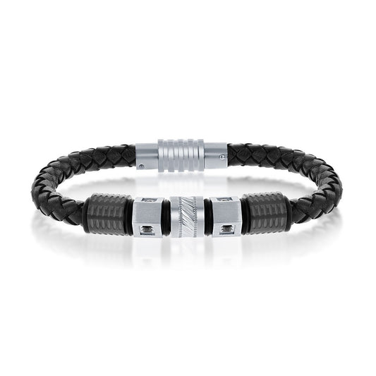 Black & Silver Stainless Steel w/ Black CZ Genuine Leather Bracelet