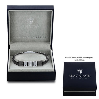 Black & Silver Stainless Steel w/ Black CZ Genuine Leather Bracelet