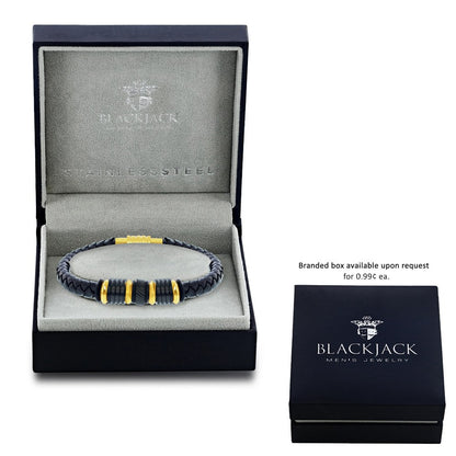 Black & Gold Stainless Steel with Genuine Black Leather Bracelet