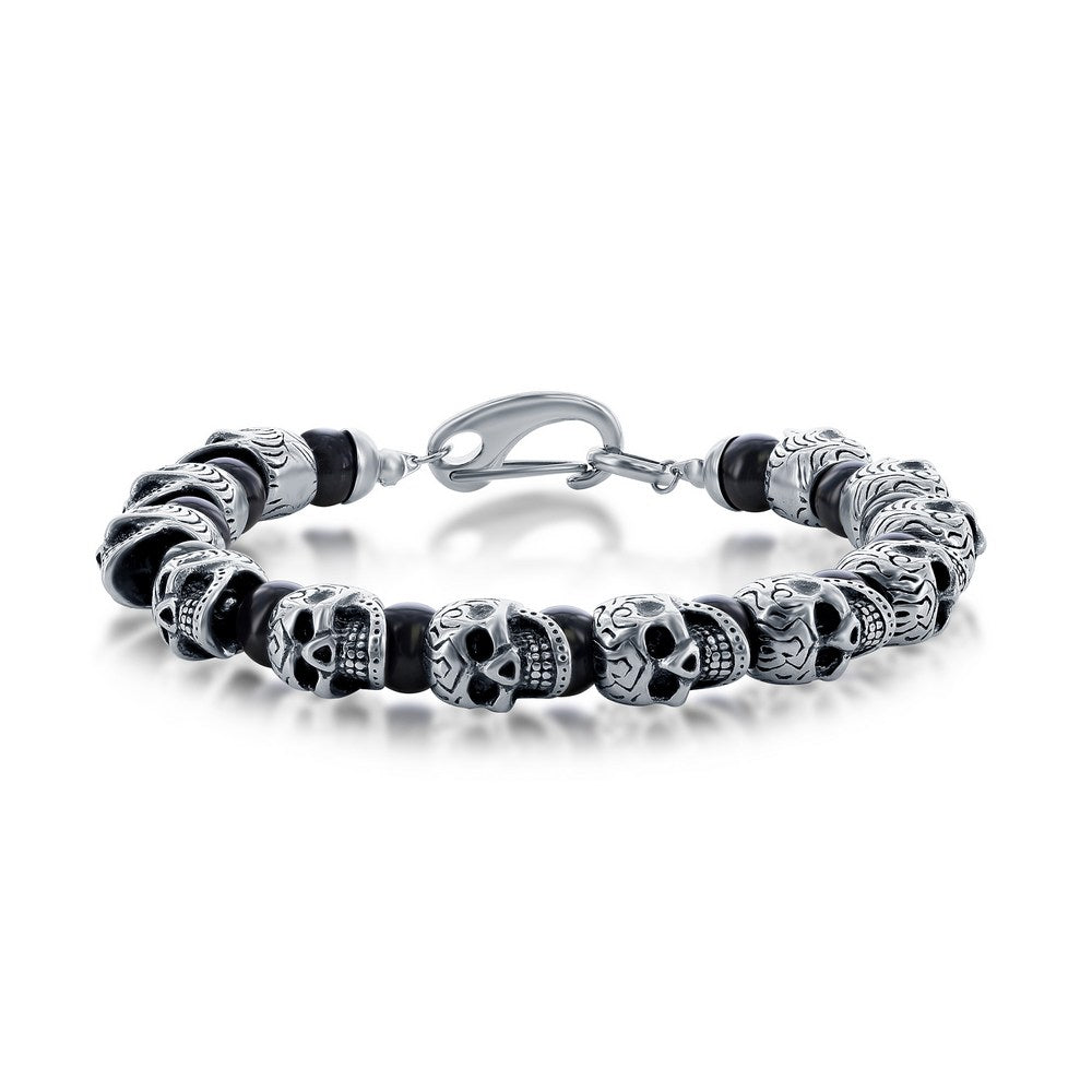 Stainless Steel Genuine Onyx Skull Bracelet