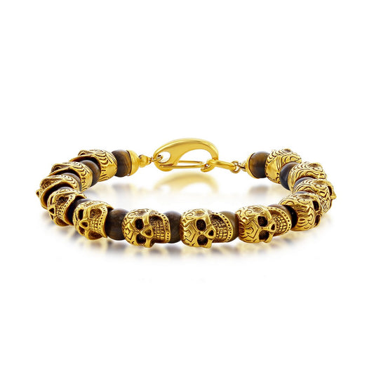 Stainless Steel Genuine Tiger Eye Beads Skull Bracelet - Gold Plated