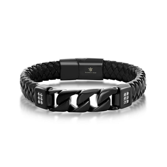 Stainless Steel Genuine Black Leather Black Curb Link w/ CZ Bracelet