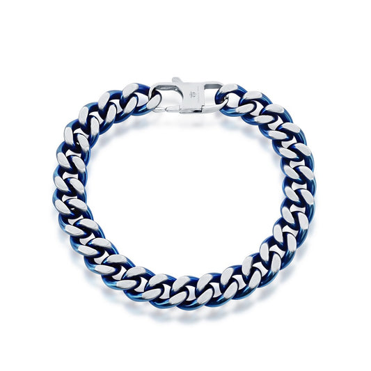 Stainless Steel 10.5mm Cuban Chain Bracelet - Brushed & Blue IP Plated