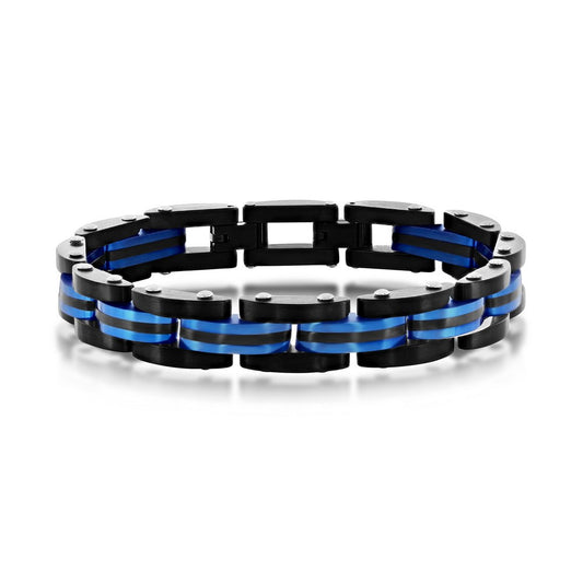 Stainless Steel Two-Toned Striped Link Bracelet - Black & Blue