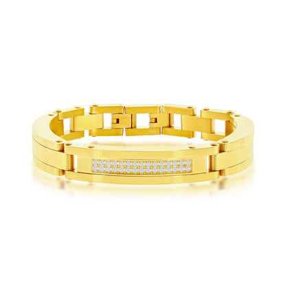 Stainless Steel Micro Pave CZ ID Link Bracelet - Gold Plated