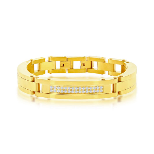 Stainless Steel Micro Pave CZ ID Link Bracelet - Gold Plated