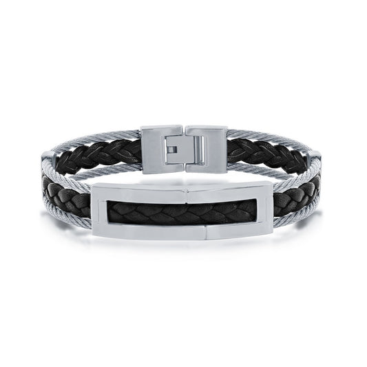 Stainless Steel Leather Cable Bracelet - Black & Silver