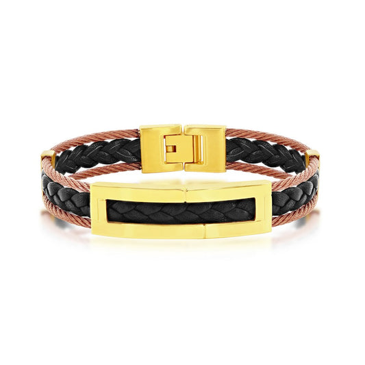Stainless Steel Leather Cable Bracelet - Gold & Copper Plating