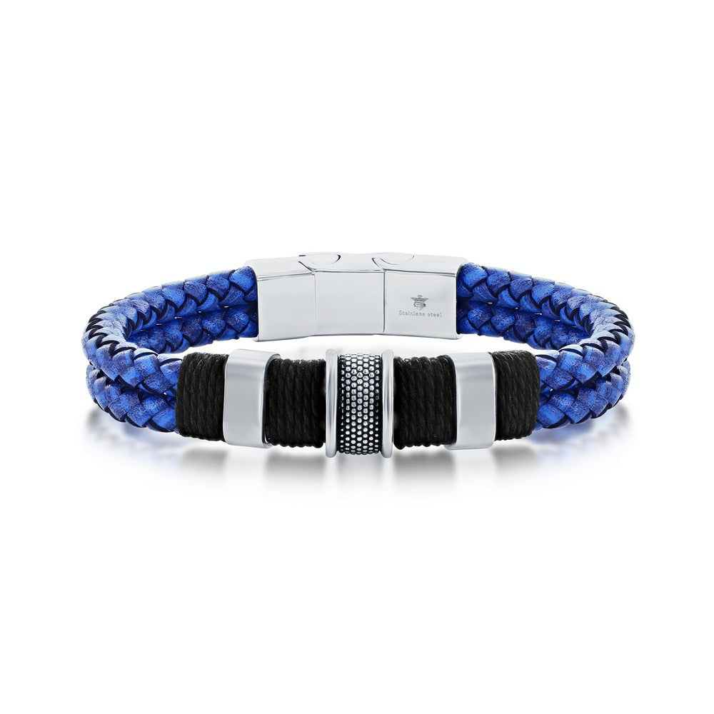 Stainless Steel Double Strand Genuine Leather Bracelet - Blue