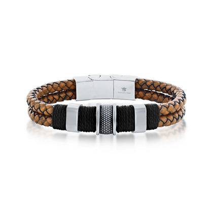 Stainless Steel Double Strand Genuine Leather Bracelet - Brown