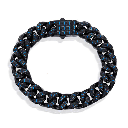 Stainless Steel Carbon Fiber Heavy Cuban Bracelet - Black & Blue