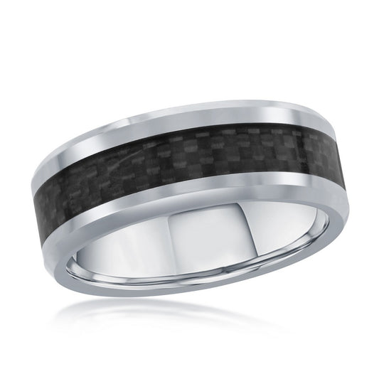 Silver Tungsten Ring W/ Black Carbon Fiber