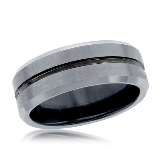 Matte & Polsihed Silver and Black Stripe Tungsten Ring
