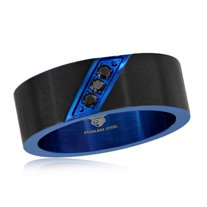 Stainless Steel Black and Blue CZ Ring