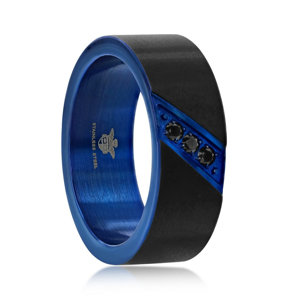 Stainless Steel Black and Blue CZ Ring