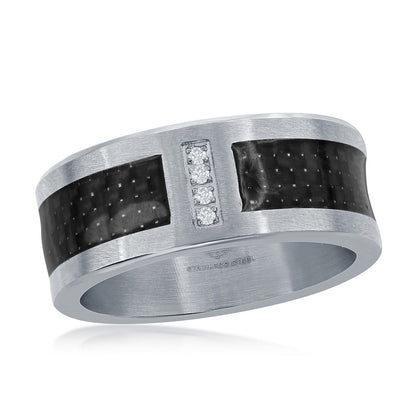 Stainless Steel Black Carbon Fiber CZ Ring