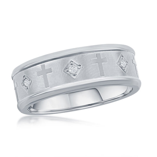 Stainless Steel Brushed & Polished CZ Cross Ring