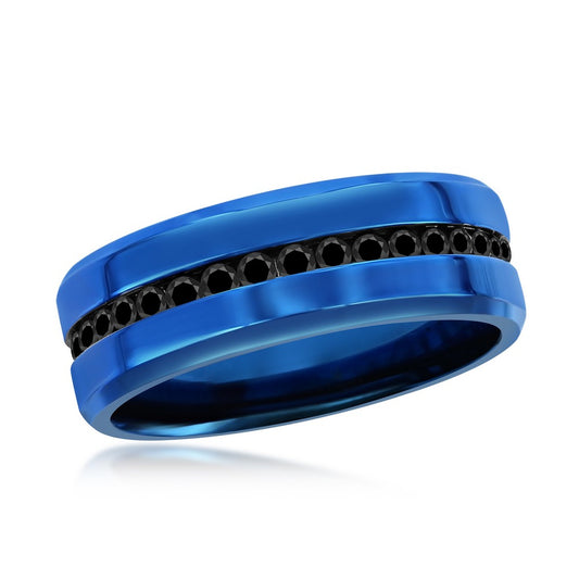 Stainless Steel Black CZ Eternity Band Ring - Blue Plated