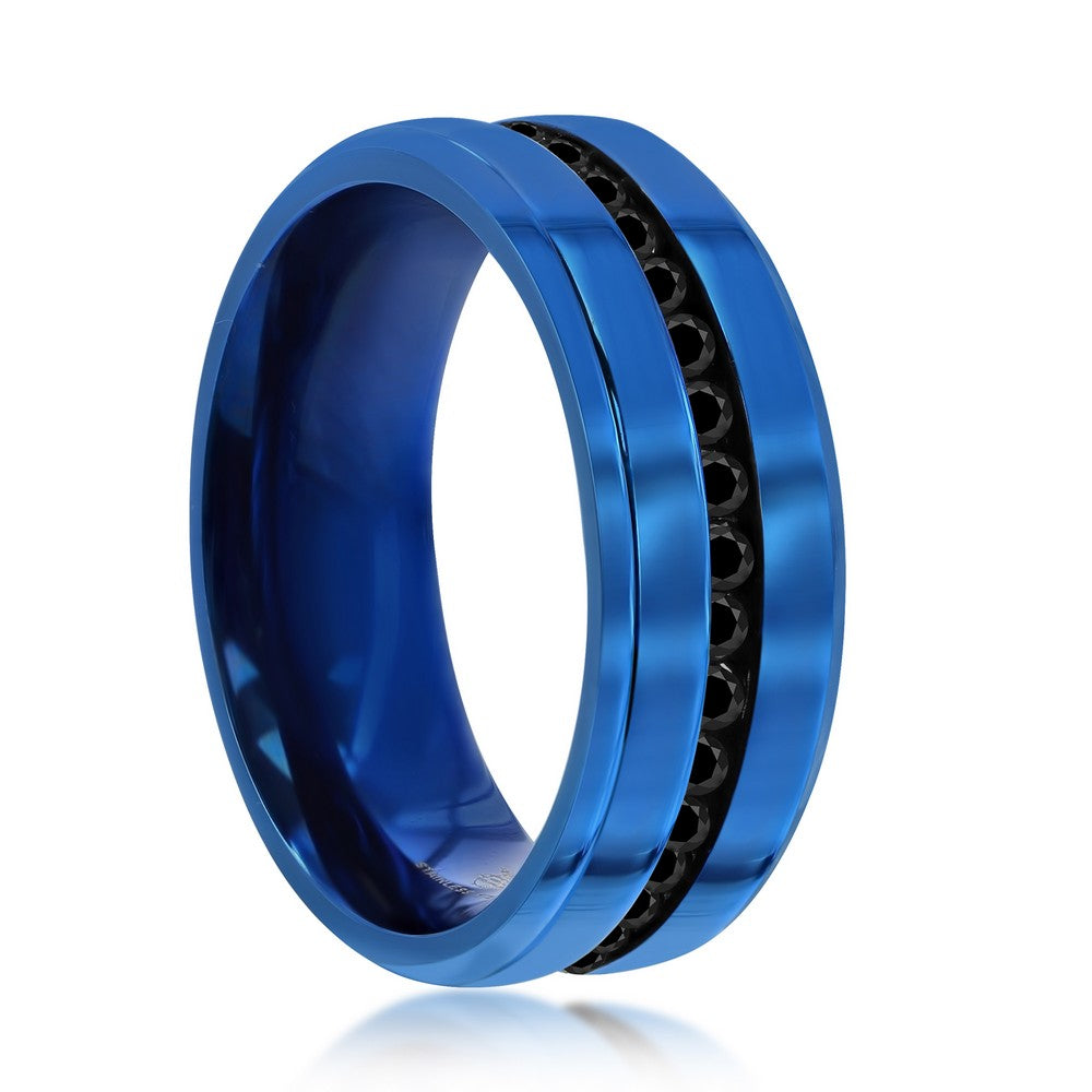 Stainless Steel Black CZ Eternity Band Ring - Blue Plated