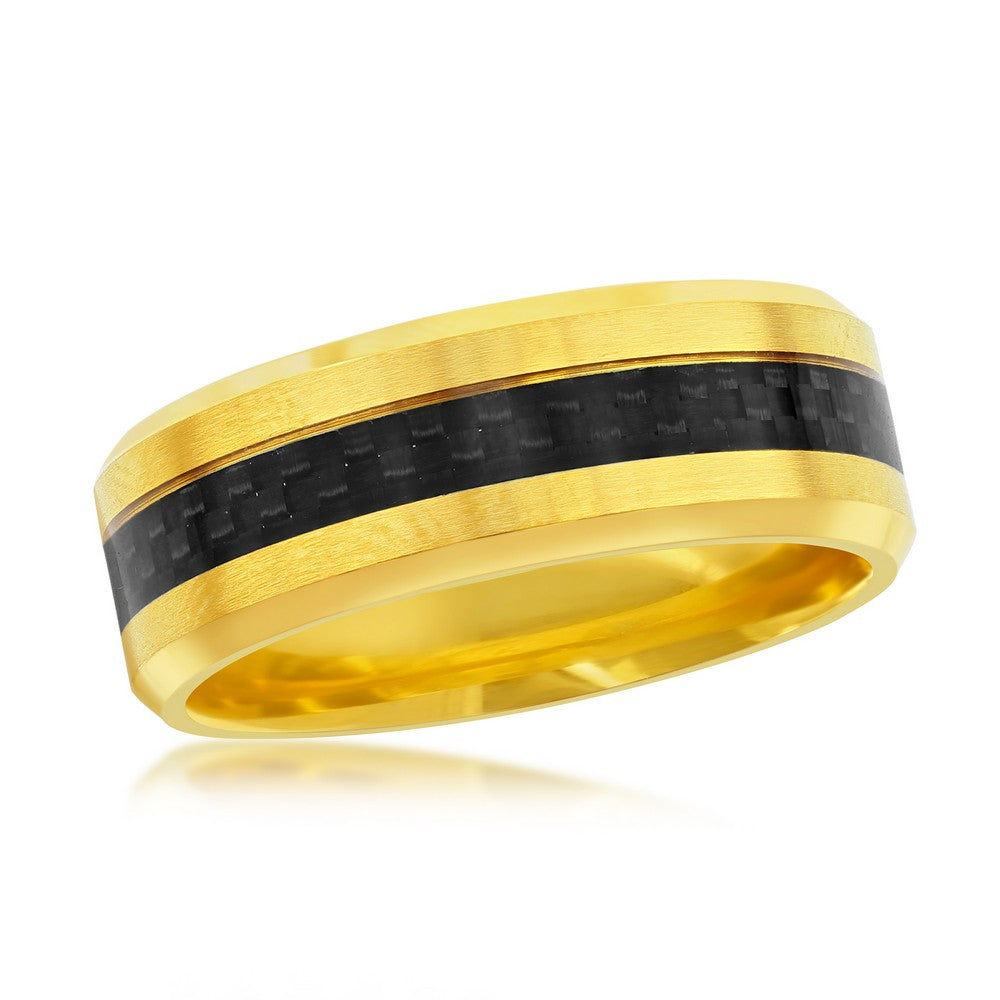 Stainless Steel Black Carbon Fiber Ring - Gold Plated