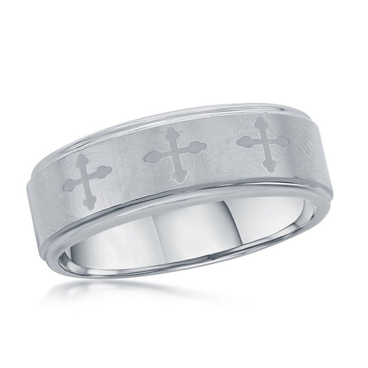 Brushed & Polished Tungsten Ring - Cross Design