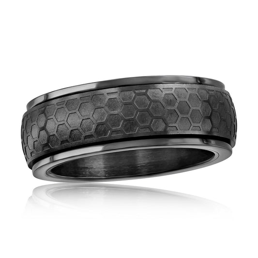 Stainless Steel Honey Comb Design Spinner Ring - Black Plated