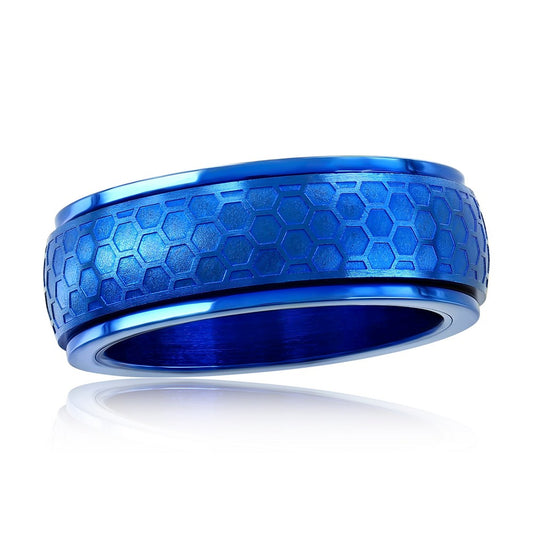 Stainless Steel Honey Comb Design Spinner Ring - Blue Plated