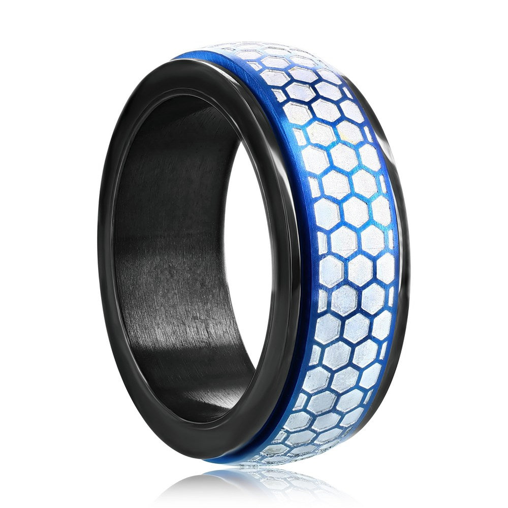 Stainless Steel Honey Comb Design Spinner Ring - Blue & Silver