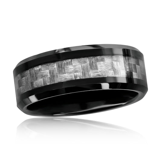 Black Plated Tungsten Ring - Silver Carbon Fiber