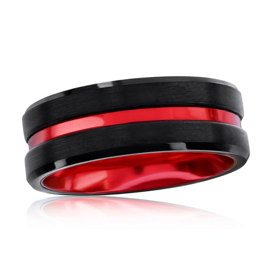 Black & Red Stripe Tungsten Ring - Matte & Polished