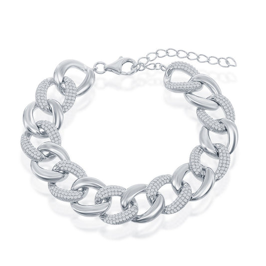 Sterling Silver Alternating Polished & Micro Pave CZ Solid Link Bracelet