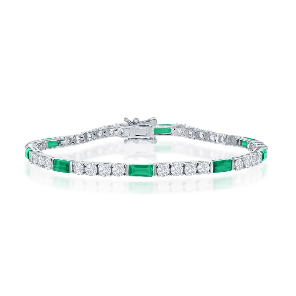 Sterling Silver Round and Emerald-Cut 3mm Tennis Bracelet - Emerald CZ