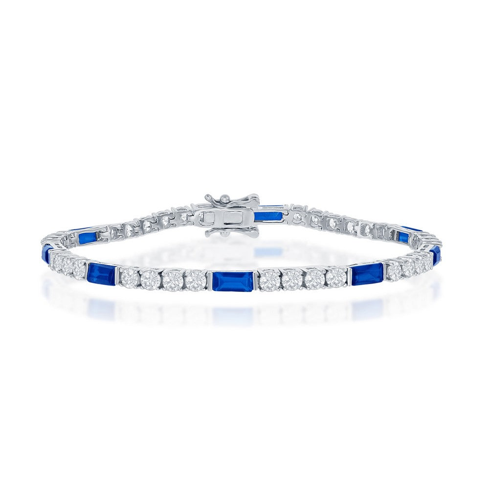 Sterling Silver Round and Emerald-Cut 3mm Tennis Bracelet - Sapphire CZ