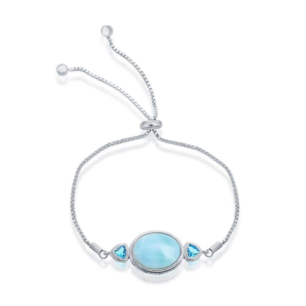 Sterling Silver Oval Larimar with Blue CZ Side Stones Adjustable Bolo Bracelet