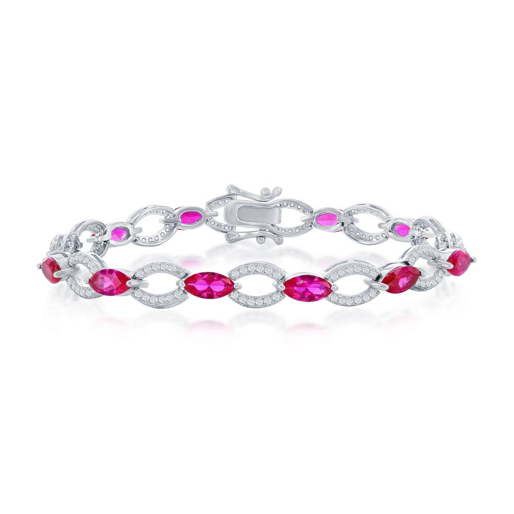 Sterling Silver Marquise & Oval Linked Bracelet - Ruby CZ