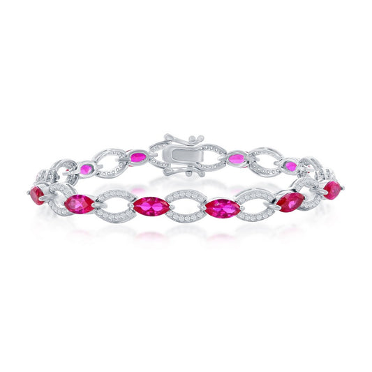 Sterling Silver Marquise & Oval Linked Bracelet - Ruby CZ