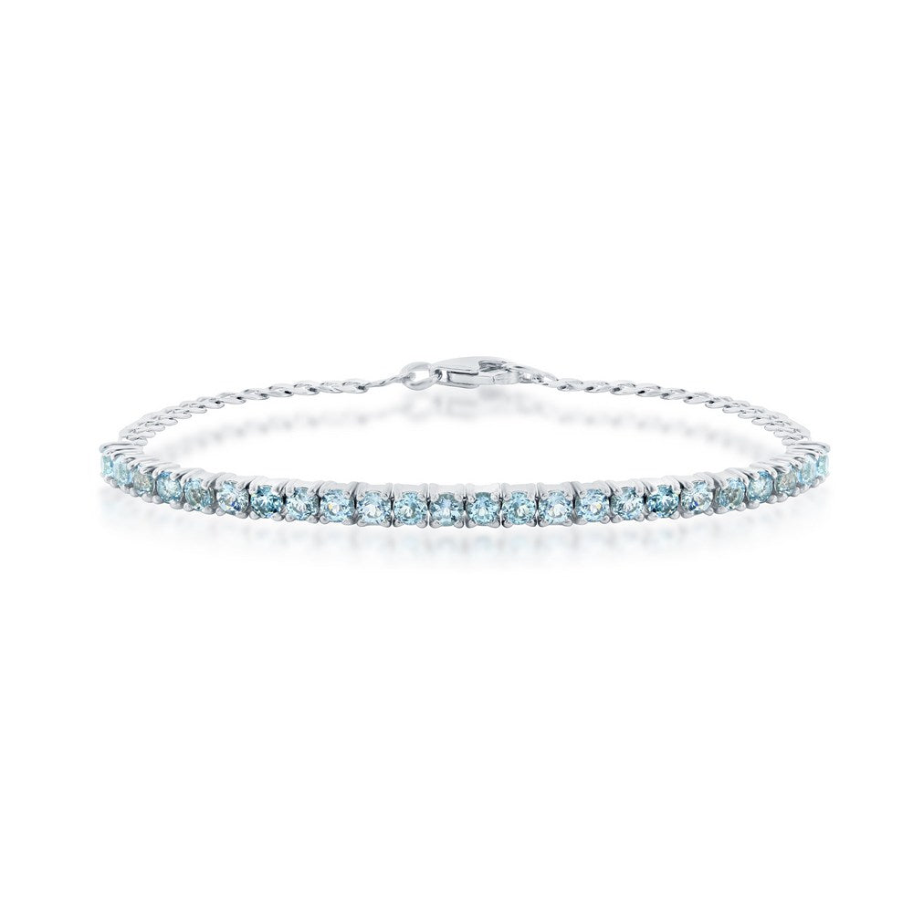 Sterling Silver 3.5mm Round Gem Tennis, Chain Bracelet - Blue Topaz