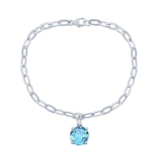 Sterling Silver 10mm Round Center Gem, Paperclip Chain Bracelet - Blue Topaz