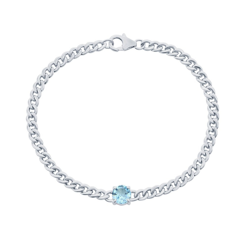 Sterling Silver 8mm Round Center Gem, Chain Bracelet - Blue Topaz