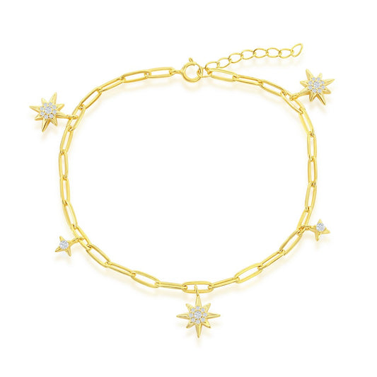 Sterling Silver North Star CZ Paperclip Bracelet - Gold Plated