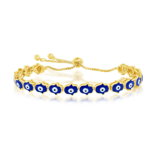 Sterling Silver Blue Enamel Evil Eye Hamsa Adjustable Bolo Bracelet - Gold Plated