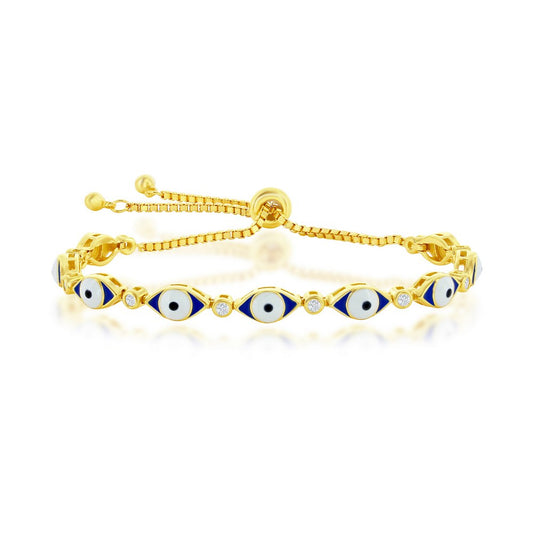 Sterling Silver Blue Enamel Evil Eye W/ CZ Adjustable Bolo Bracelet - Gold Plated