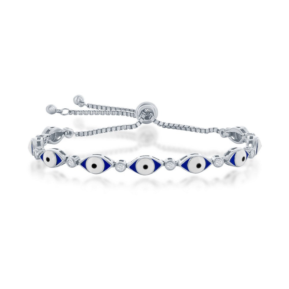 Sterling Silver Blue Enamel Evil Eye W/ CZ Adjustable Bolo Bracelet