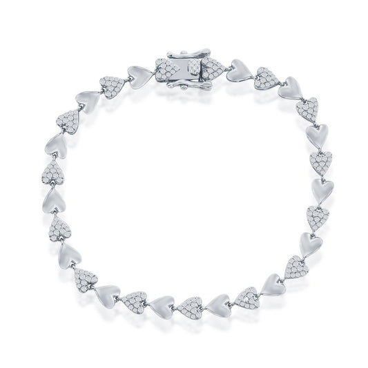 Sterling Silver Alternating Polished & Micro Pave CZ Heart Bracelet