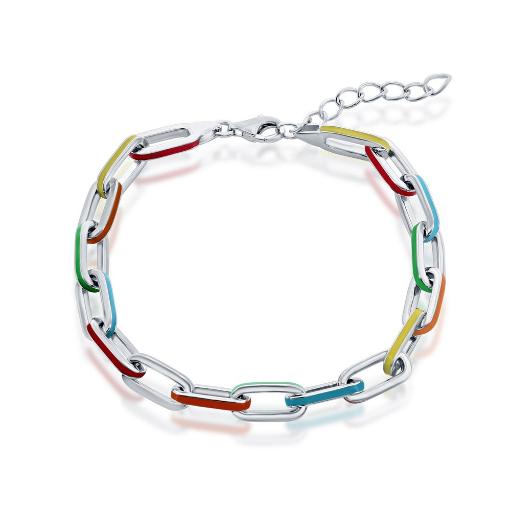 Sterling Silver Multi-Color Enamel Paperclip Bracelet