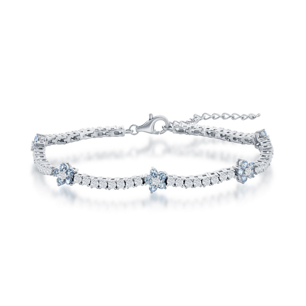 Sterling Silver Flower Tennis Bracelet - Blue Topaz CZ