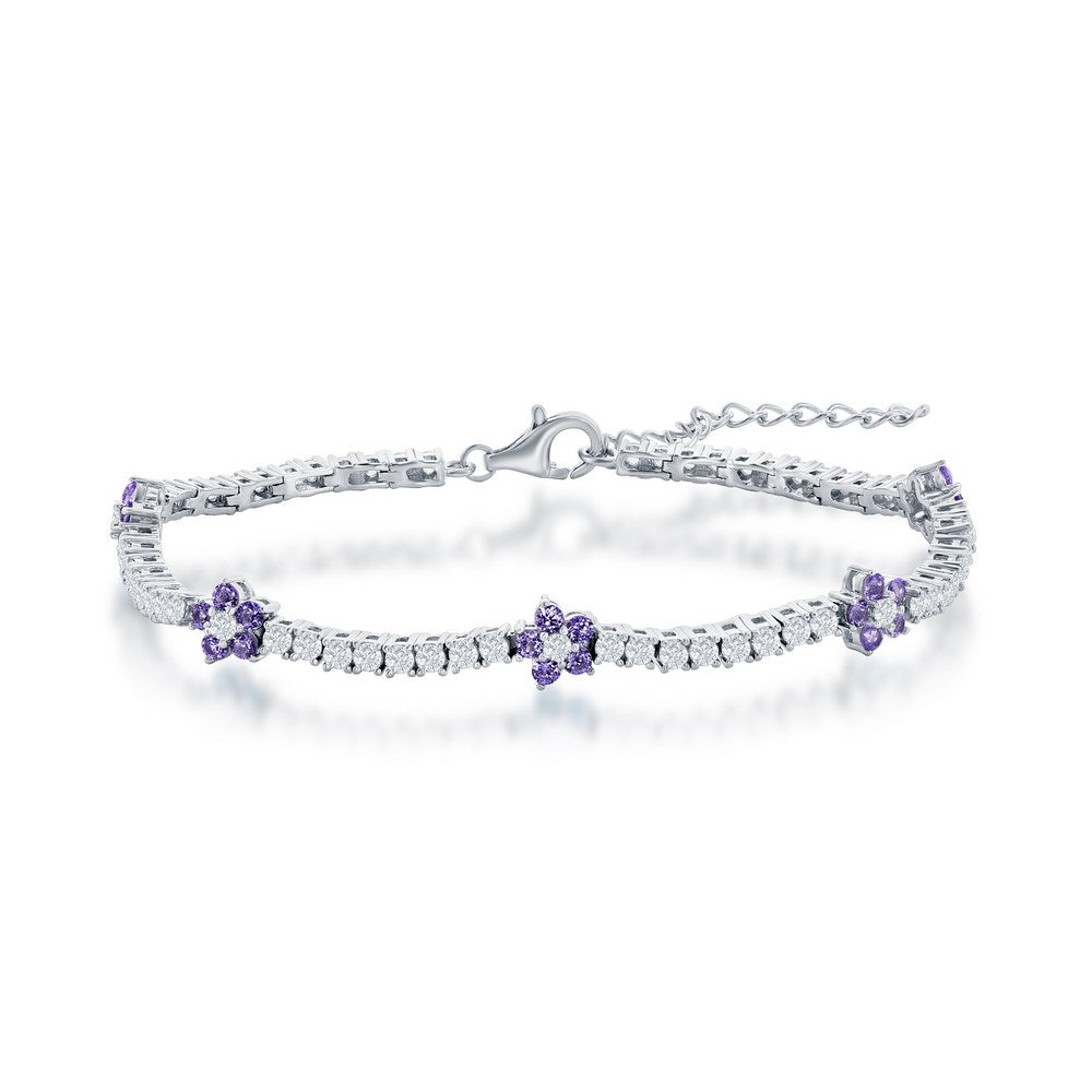 Sterling Silver Flower Tennis Bracelet - Amethyst CZ